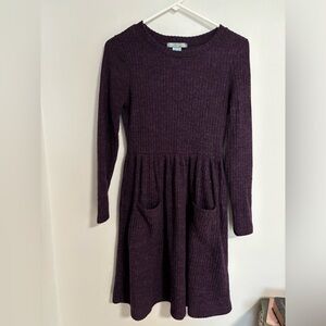 purple knit ribbed sweater dress with front pockets